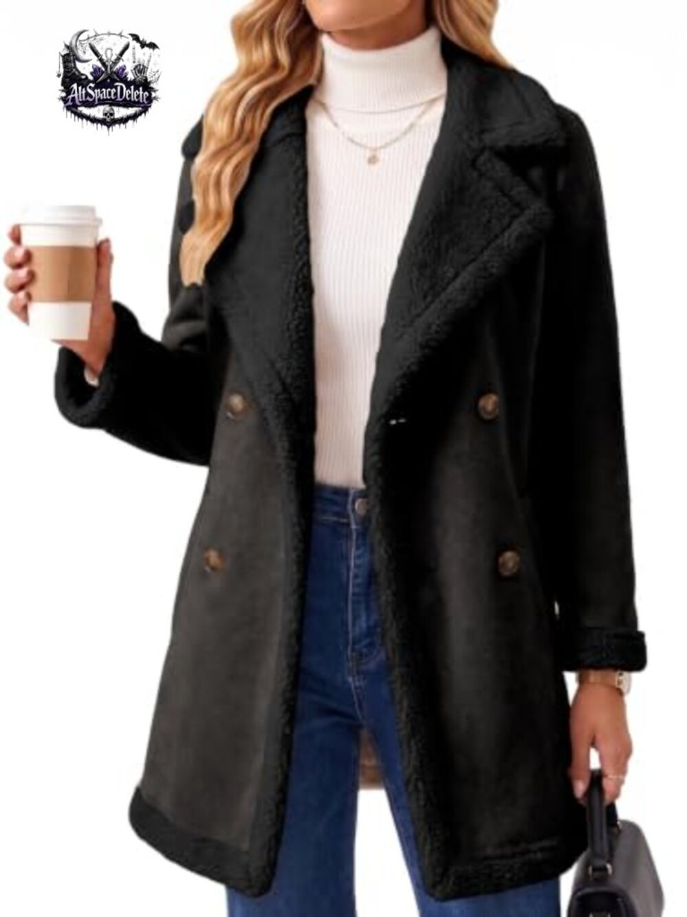 Faux Suede Long Shearing Coat Double-Breasted Notch Collar